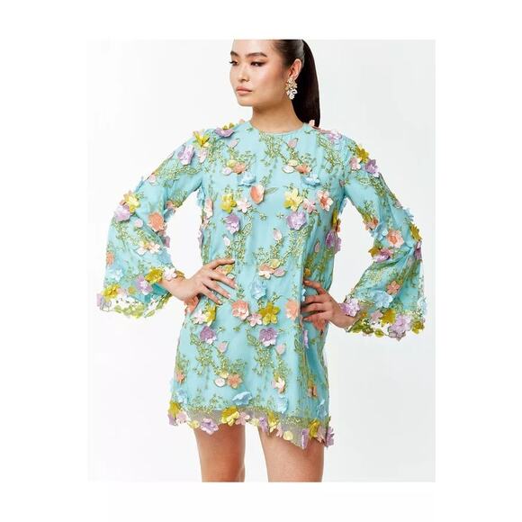 Mestiza Flora Blue 3D Floral Appliqué Flare Sleeve Cocktail Mini Dress Size M - Picture 1 of 16